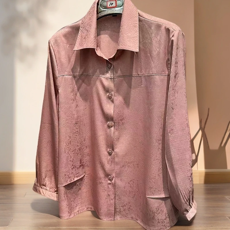 方领长袖极简休闲百搭女士衬衫时尚夏季翻领气质衬衣红色潮流