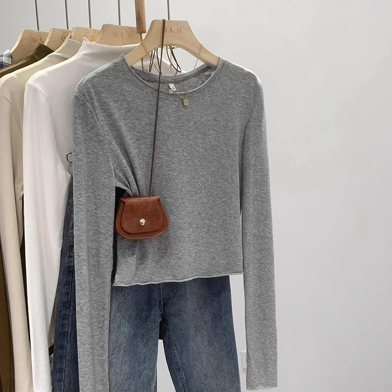 灰色薄款长袖打底衫女秋季新款设计感显瘦短款上衣时尚百搭T恤潮
