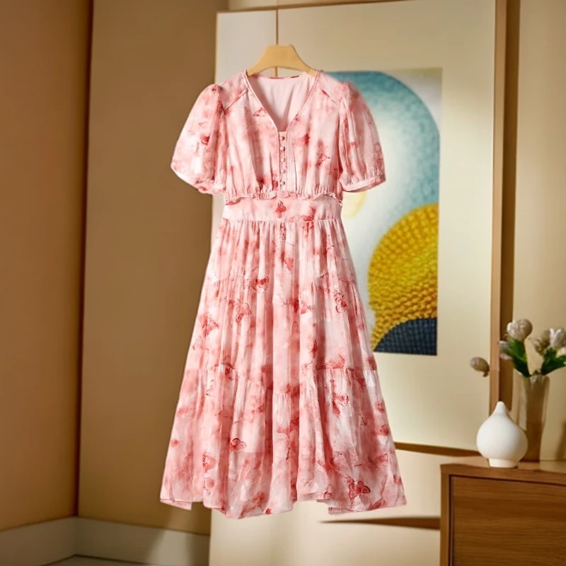 【九天】剪标柔美植绒印花抽褶显瘦中长款连衣裙女534品牌折扣25夏