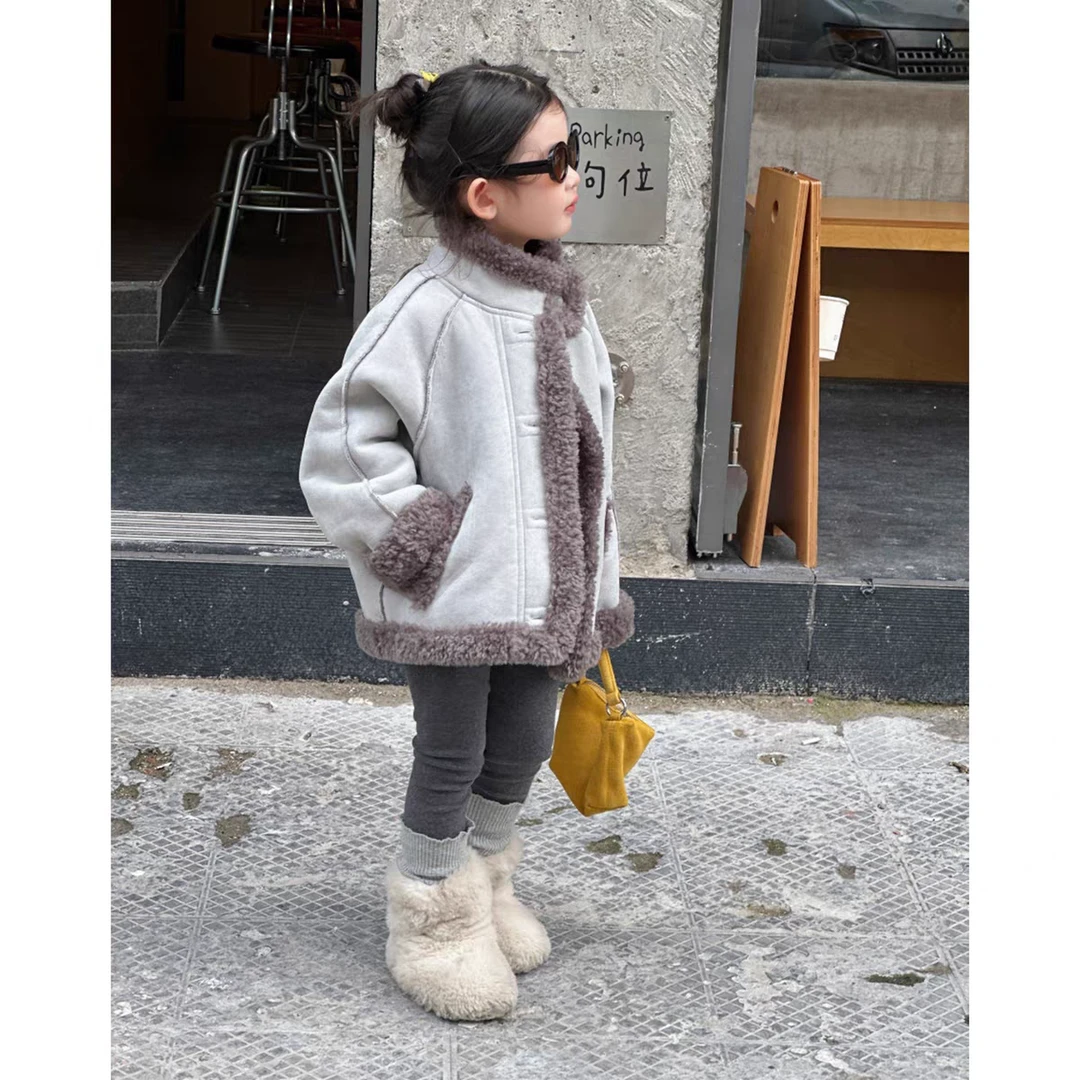 男女童超好看麂皮绒外套2025新款冬季洋气宝宝保暖灰色加绒大衣