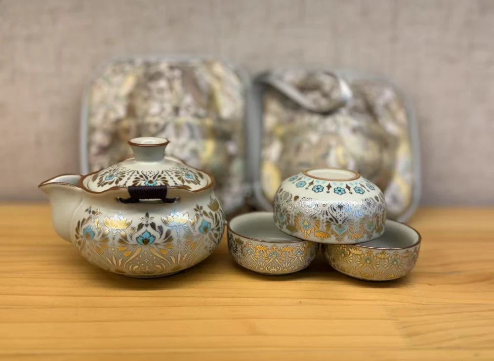 汝窑金银错花纹手抓壶+2杯汝窑可开片养茶线功夫茶具旅行套装茶杯