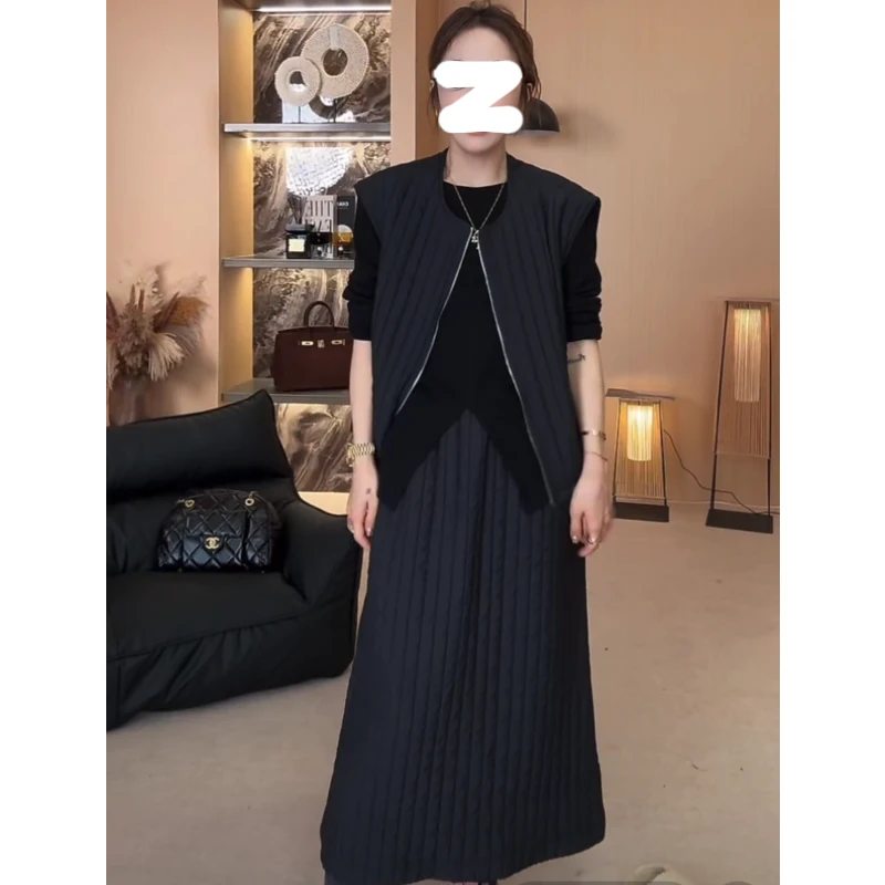 螺纹坑条马甲半身裙两件套2025秋季大码胖MM新款时尚洋气夹棉套装