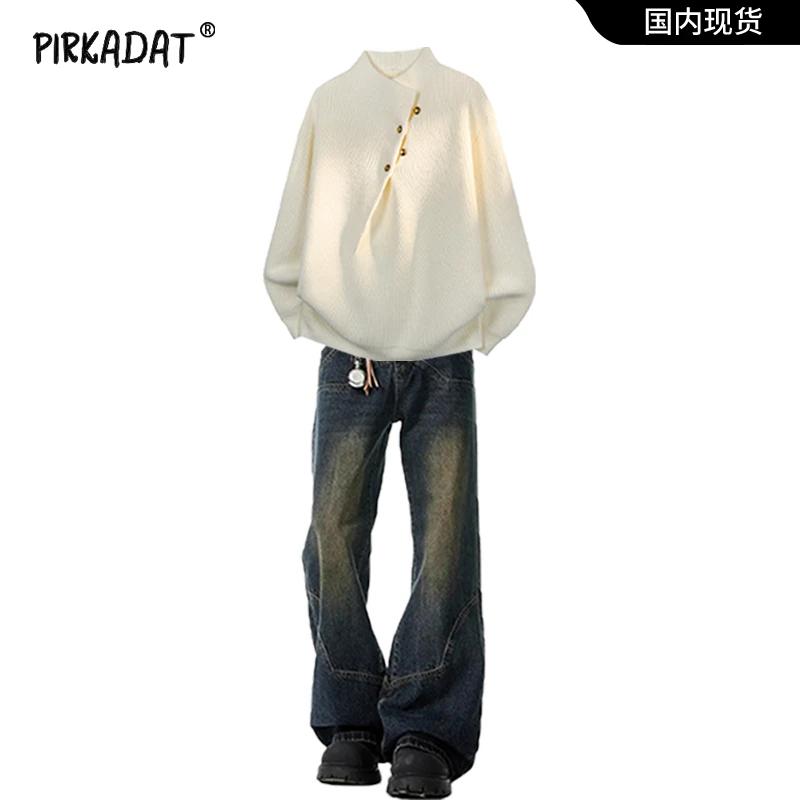 Pirkadat美式复古半开衫毛衣男士冬季老钱风套装高街时尚三件套男