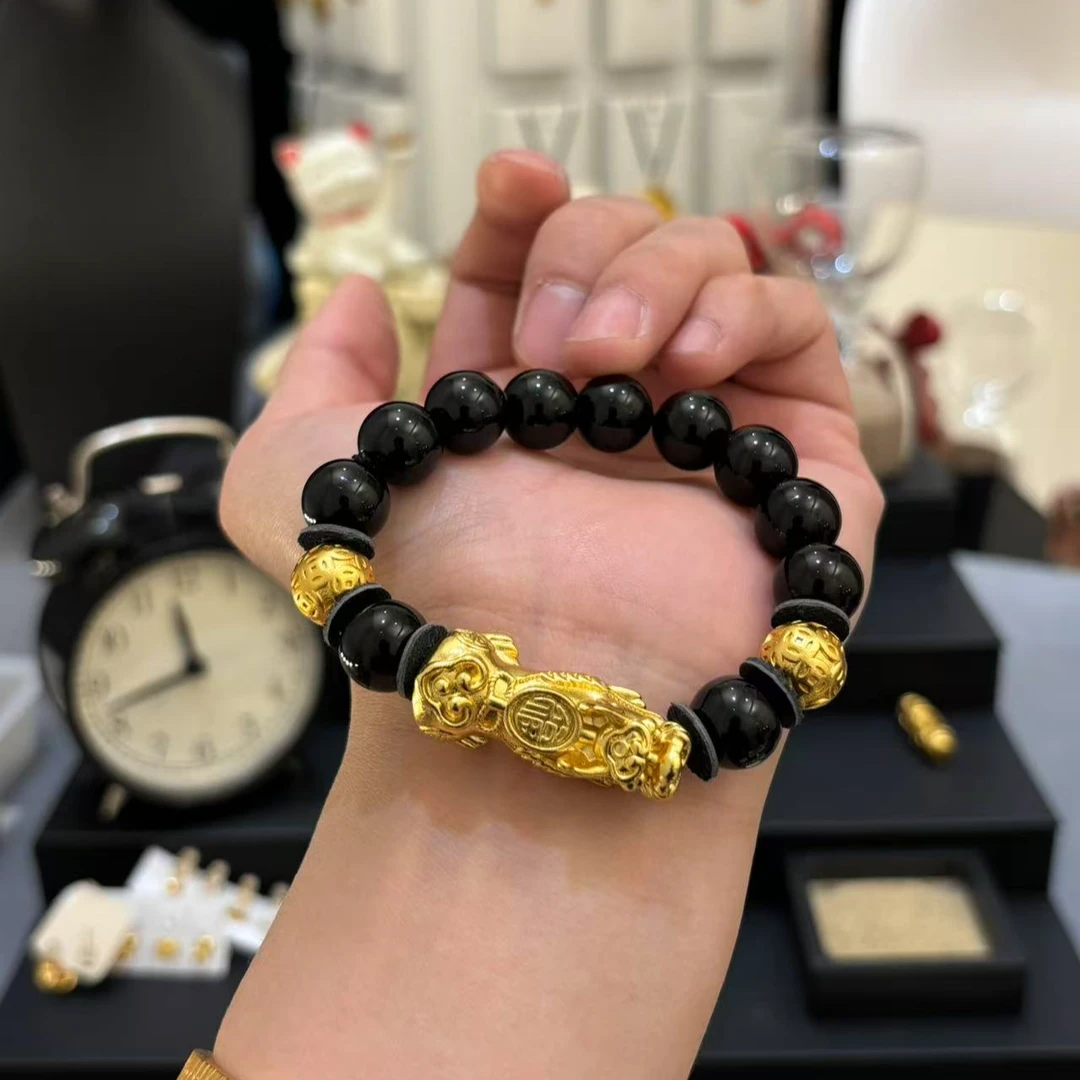 合金手链 【貔貅手串】男士男款轻奢时尚情侣黑色金手串真金色