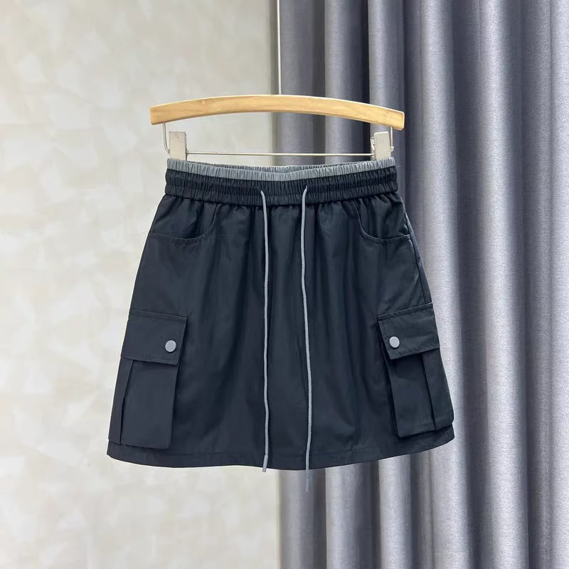美式抽绳松紧腰工装半身裙女2025夏季新款休闲防走光a字包臀裙子