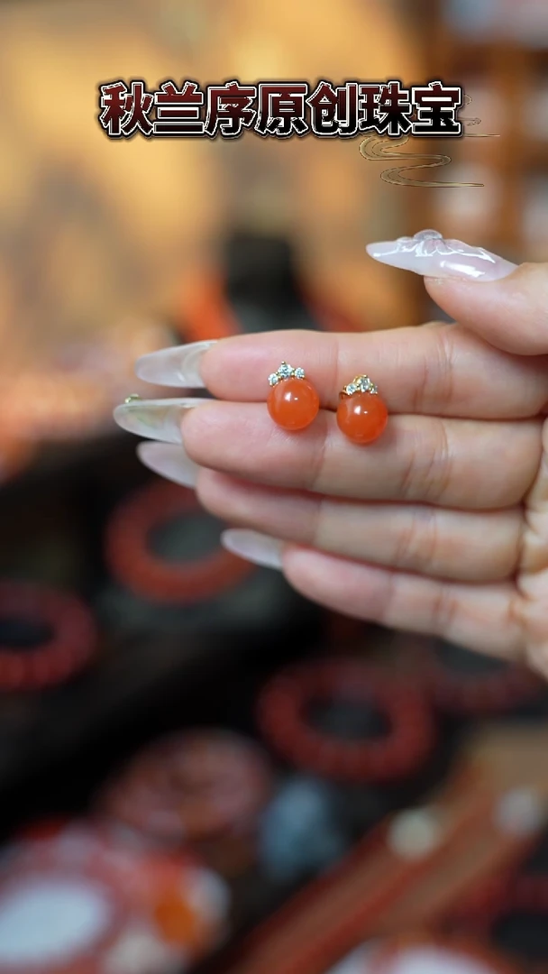 银S925镶嵌南红玛瑙耳饰原矿保山南红耳饰