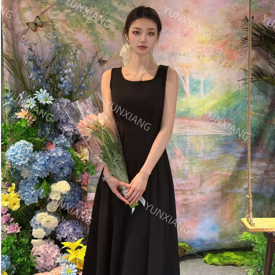 2025夏季法式赫本风连衣裙圆领有设计感长短款裙