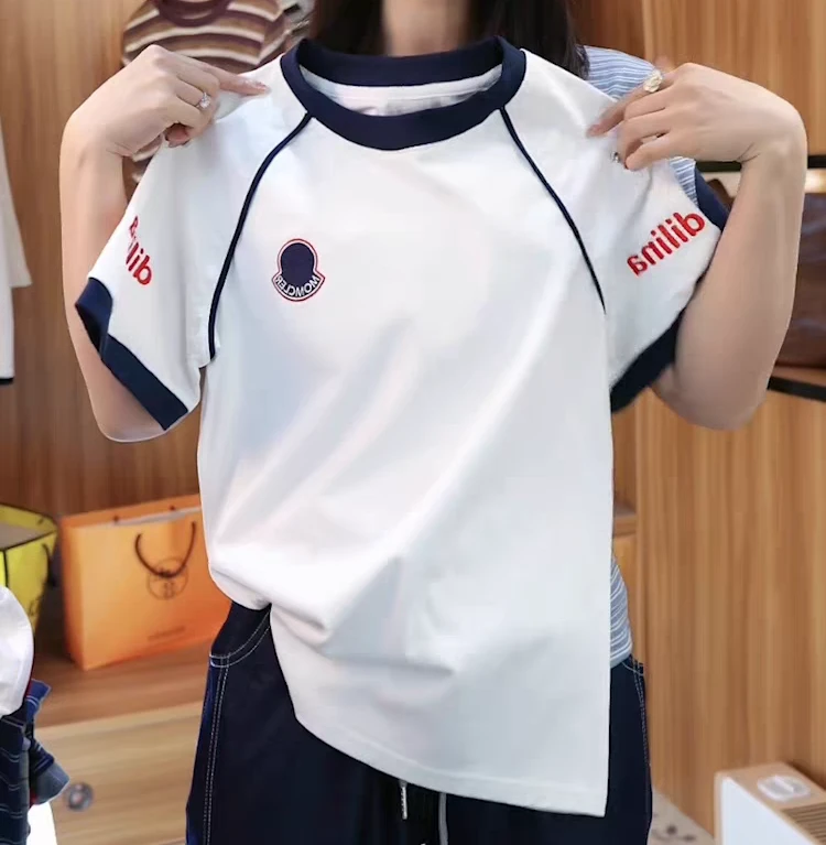 2025年夏季圆领t拼接字母印花百搭短袖T恤女休闲韩版撞色正肩上衣