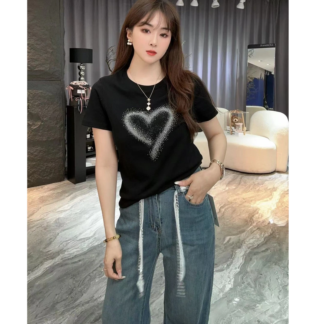 5155夏季新款潮流[烫钻爱心]短袖T恤减龄百搭宽松洋气上衣女