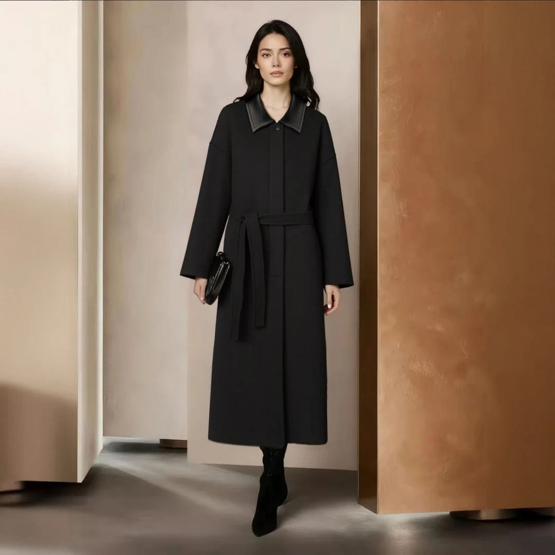 【10%羊绒+90%澳毛】普林斯顿秋冬轻奢复古皮革长款双面呢大衣外套