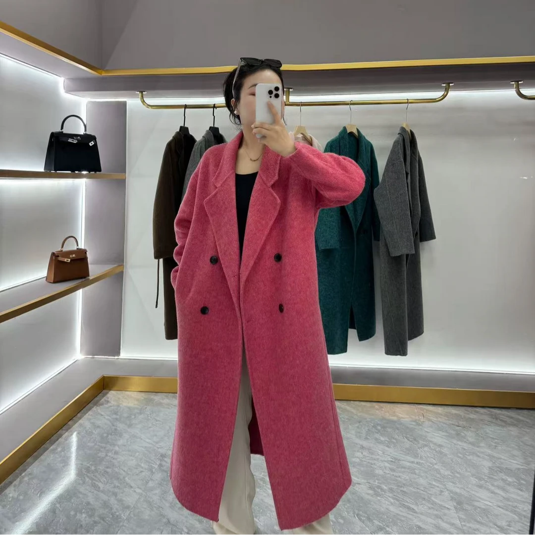 2025秋冬新款双面呢羊毛大衣韩系宽松女士双排扣长款气质外套