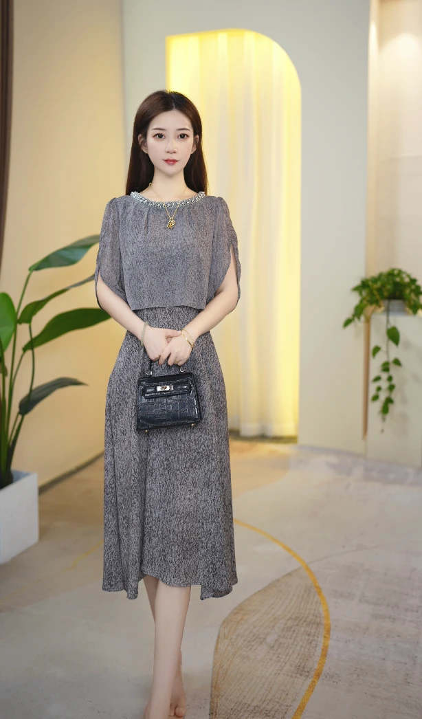 YUQIER定制2025夏季新款假两件连衣裙显瘦气质优雅中长款女裙子