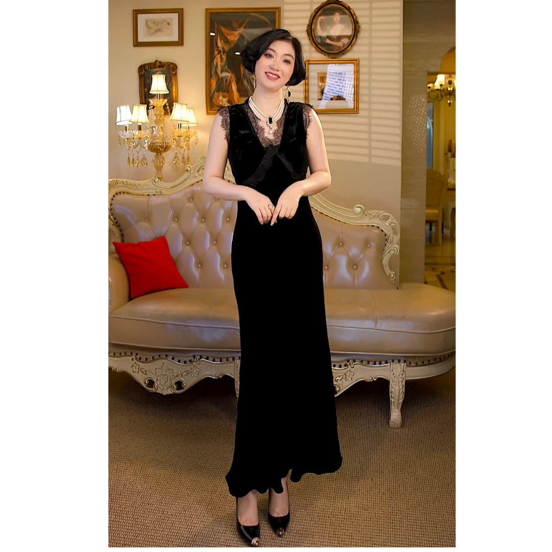 【沐茗】纯真丝丝绒连衣裙 斜裁真丝丝绒连衣裙58050