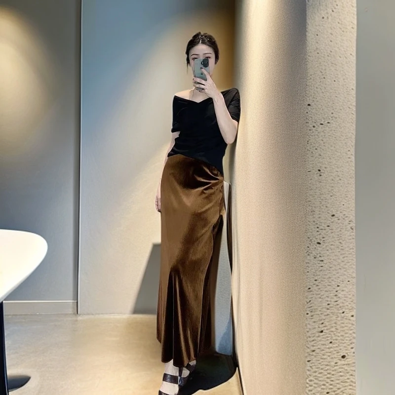 高品质珠光醋酸丝法式高腰气质遮胯显瘦女神A字鱼尾半身裙