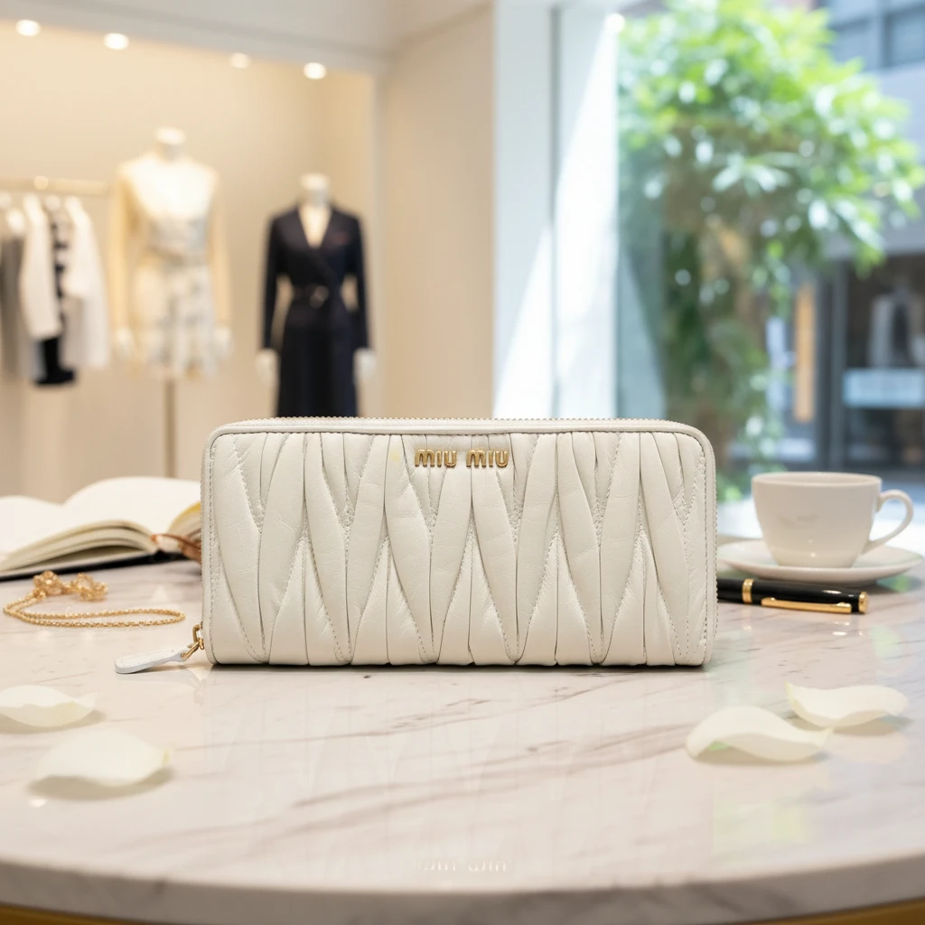 95新 MIU MIU/缪缪  白色褶皱钱包  1852 4306