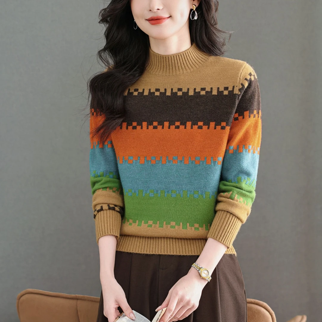 冬季高级感条纹锁温半高领加厚保暖过冬毛衣洋气内搭打底羊毛衫