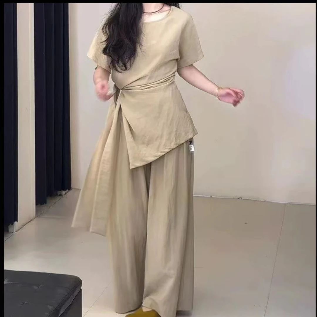 2025夏季新款大码女装不规则设计绑带上衣+百搭阔腿裤两件套