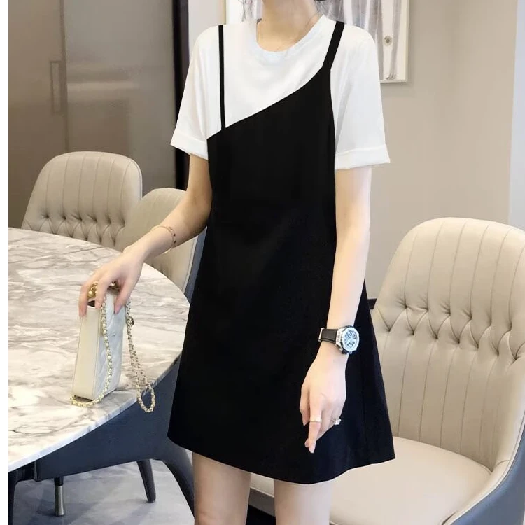 （优尼Kou专属）2025夏季大码拼接假两件连衣裙宽松A字版
