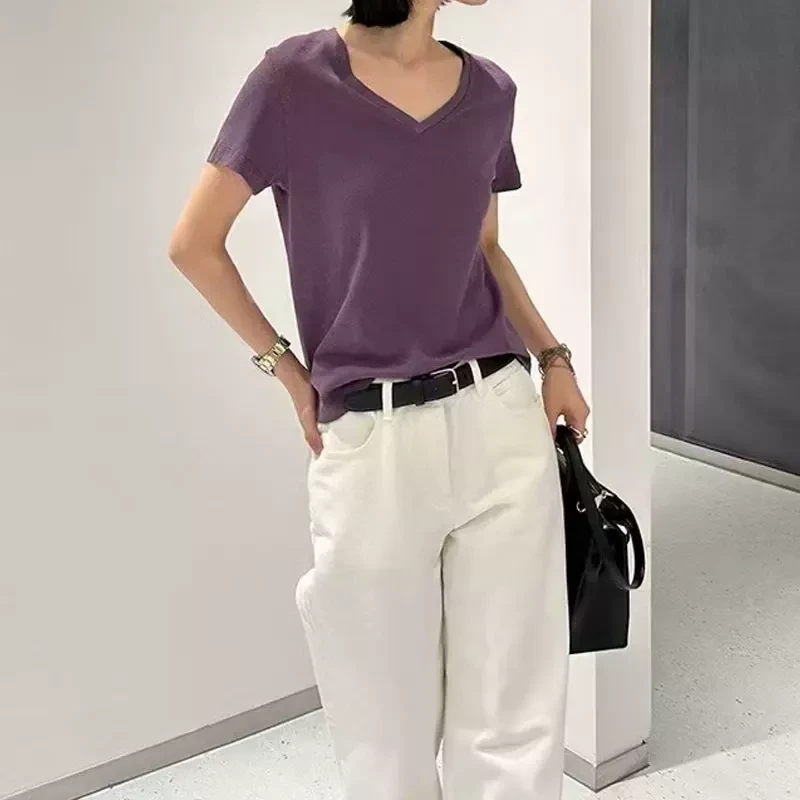 【颖儿严选】薄款极简亚麻女装T恤V领短袖女款爆款2025新款1903447