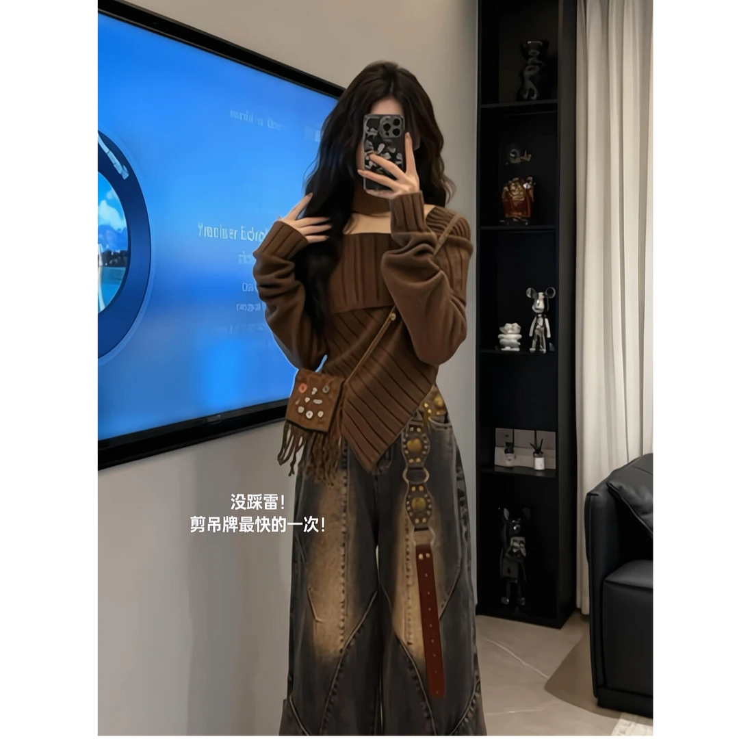 秋冬穿搭一整套女2025新款不规则设计感修身显瘦上衣牛仔裤两件套