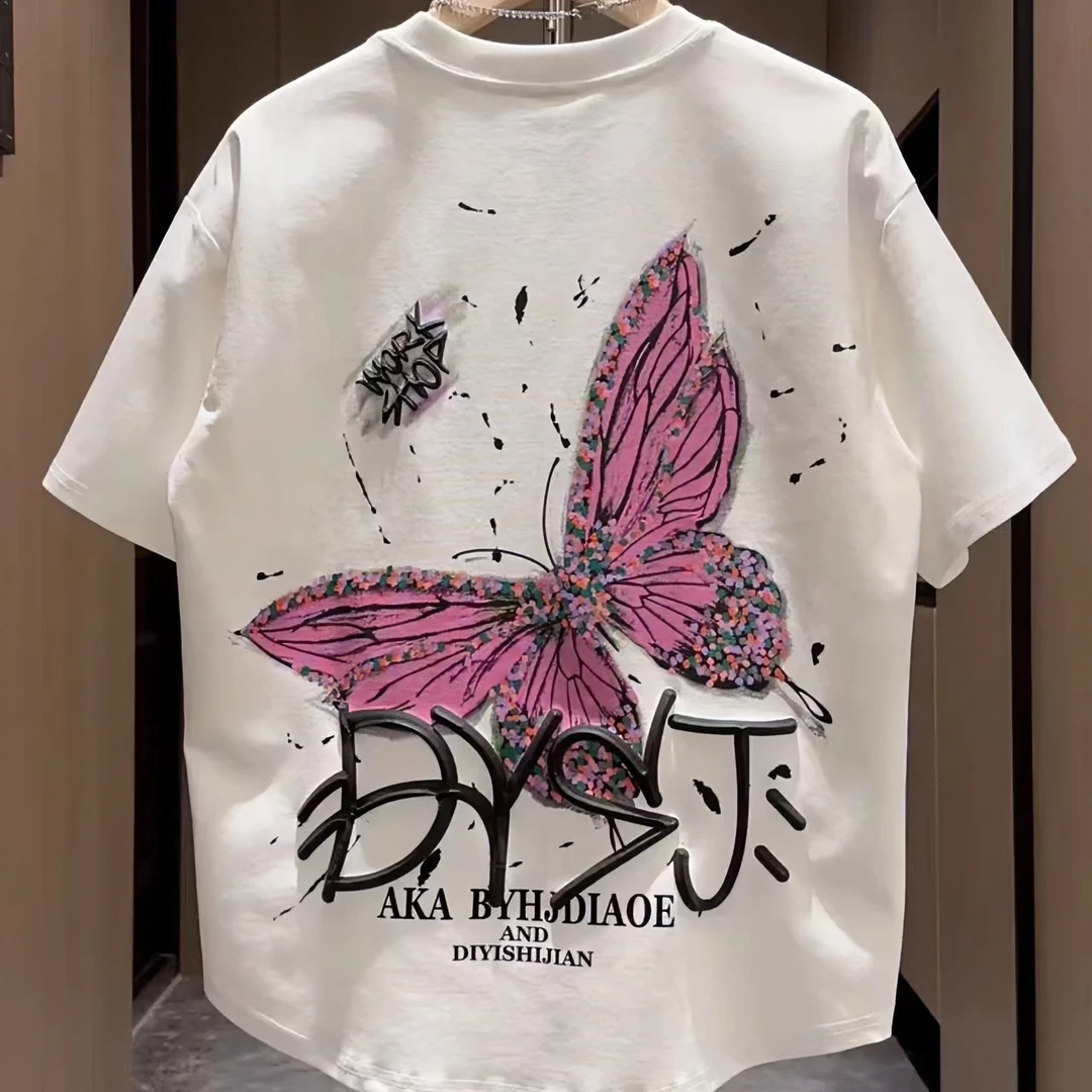 彩绘蝴蝶印花短袖T恤男夏季情侣潮流圆领半袖t青年休闲宽松打底衫