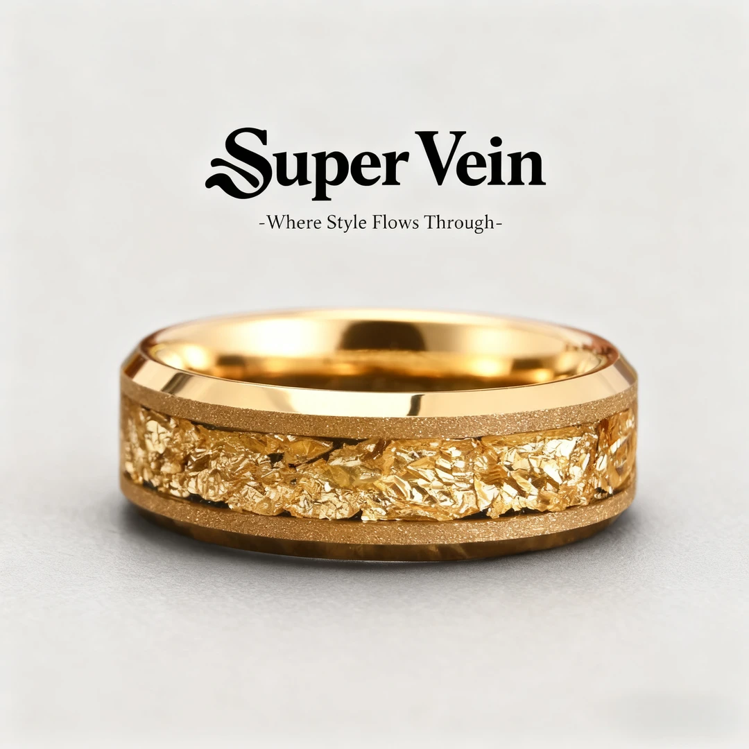 钛钢戒指 男士8mm钨钢戒指男款金色喷砂电金镶金属箔潮男轻奢磨砂