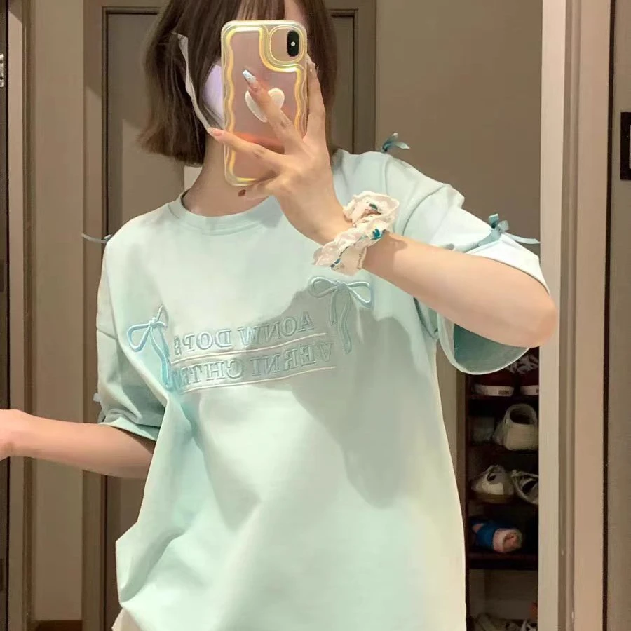夏季薄荷绿刺绣蝴蝶结短袖T恤女纯棉宽松慵懒风设计感小众上衣