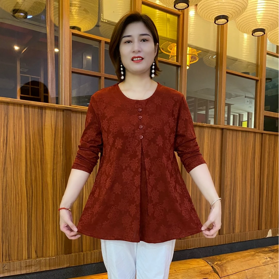 中老年女装时尚风圆领中长款宽松显瘦提花秋季长袖洋气衫