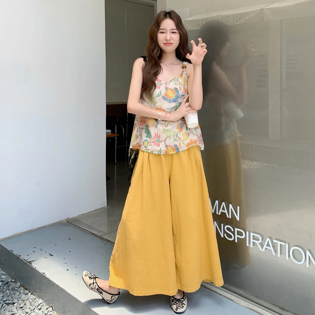 油画印花吊带上衣阔腿裤套装2025新款女夏季多巴胺穿搭度假两件套