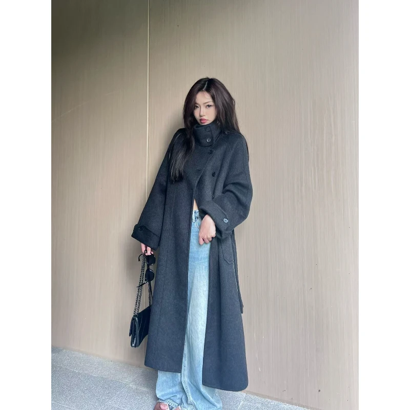 言言/新雪~长款外套韩式休闲风 立领半扣双面羊毛大衣外套1022