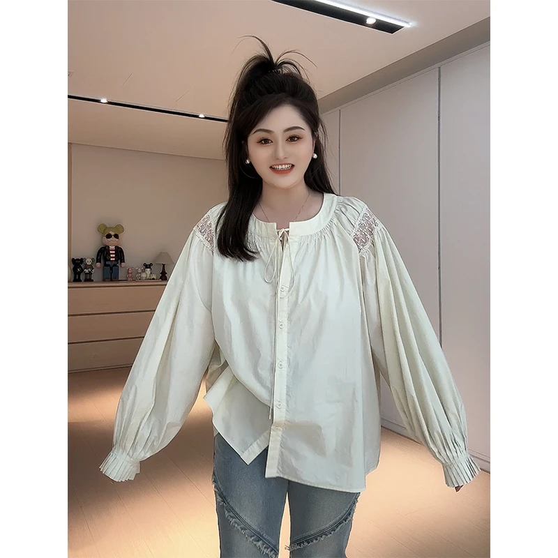【胖佳佳】日杂暖阳 纯棉衬衫减龄蕾丝拼接圆领小衫H625Z01292