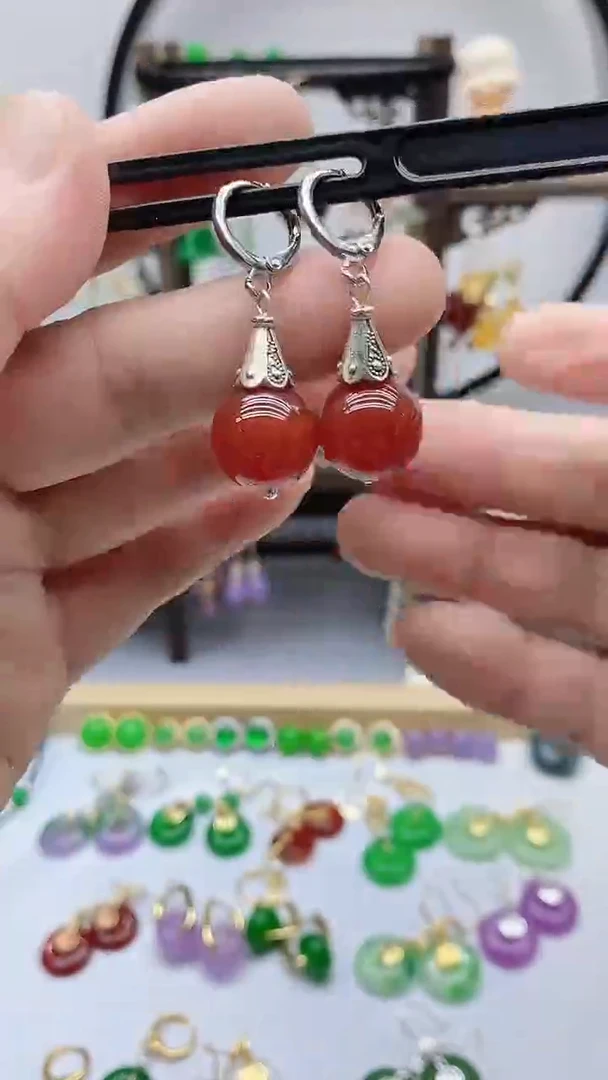 银S925镶嵌南红玛瑙耳饰83