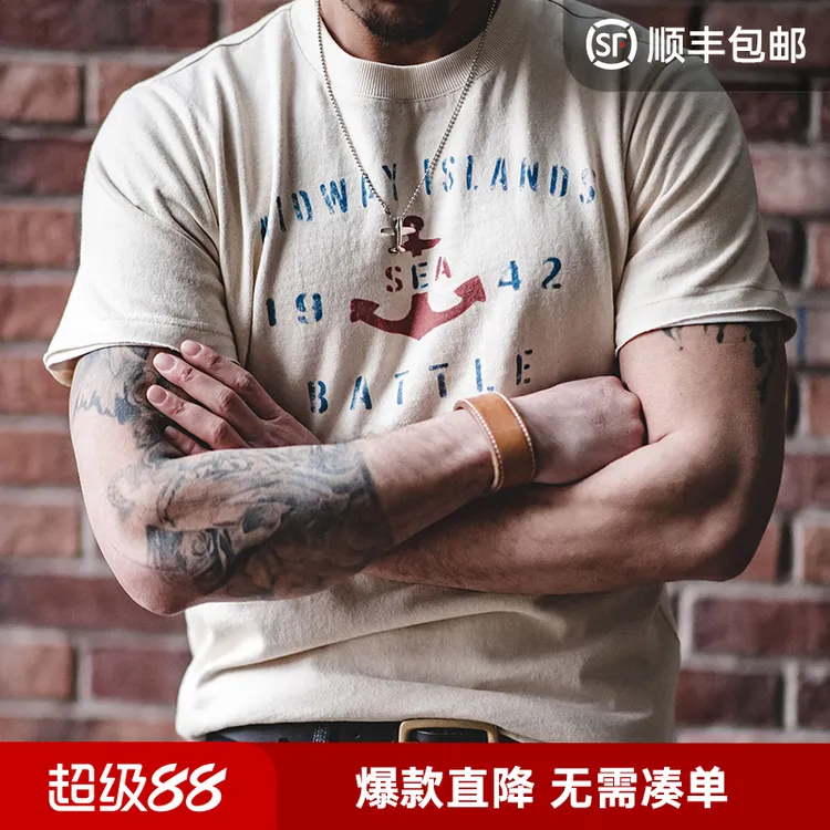 马登工装美式复古船锚印花棉籽壳短袖TEE健身休闲圆领T恤男士夏季