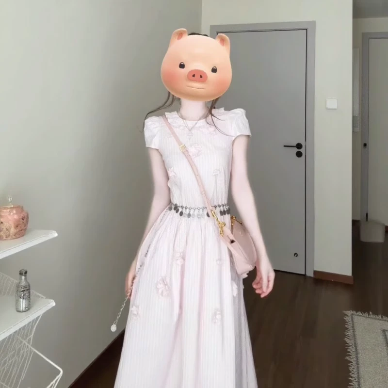温柔韩系气质粉色泡泡袖连衣裙木耳边减龄甜美碎花收腰a字长裙夏