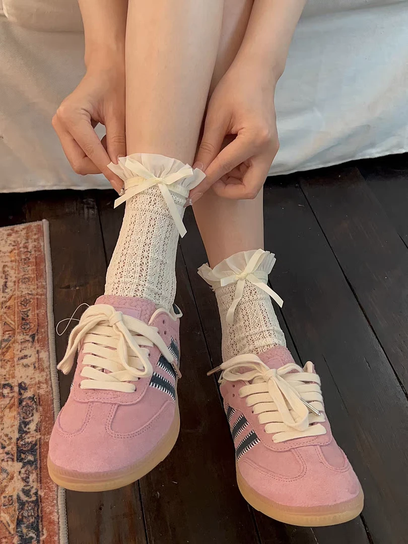 "破碎天使"蝴蝶结袜子女中筒夏季薄款蕾丝边网袜短袜芭蕾风堆堆袜