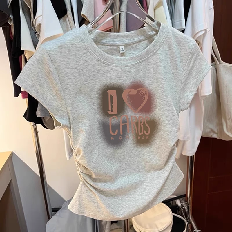 不规则褶皱纯棉圆领短袖t恤女夏季设计感修身短款正肩体恤女上衣