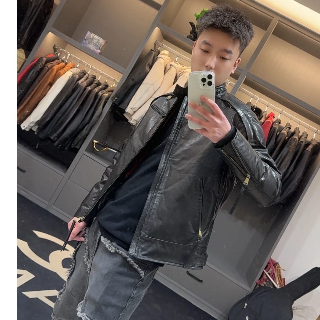 男士真皮外套2388休闲时尚棒球领黑色百搭