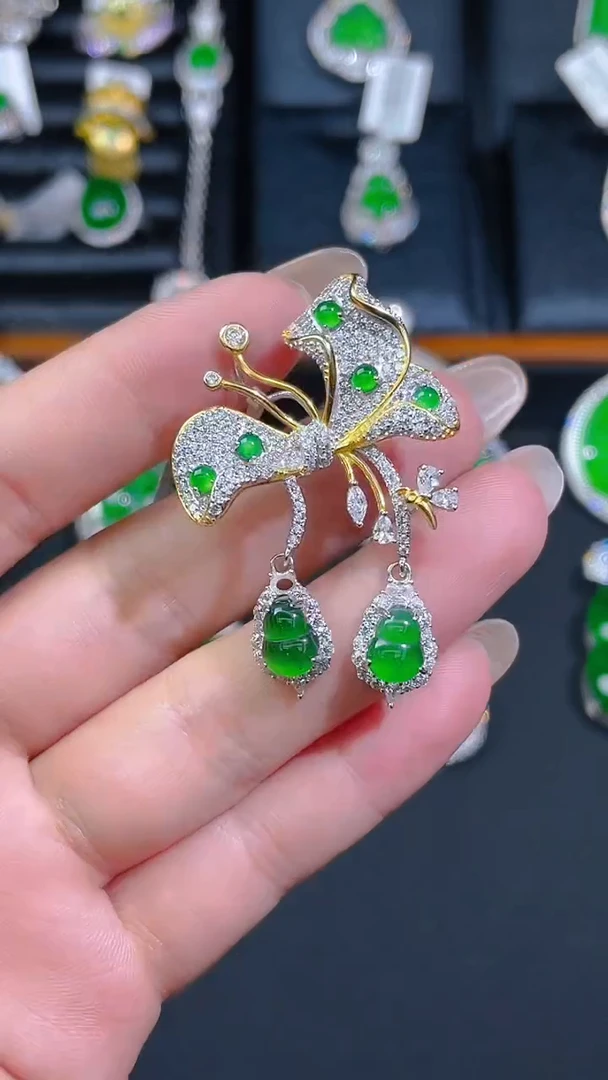 【闪购商品】翡翠胸针银S925镶嵌天然A货翡翠多样性发一