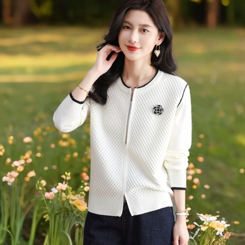 双拉链羊毛针织开衫女早秋装2025新款宽松外搭披肩棒球服毛衣外套