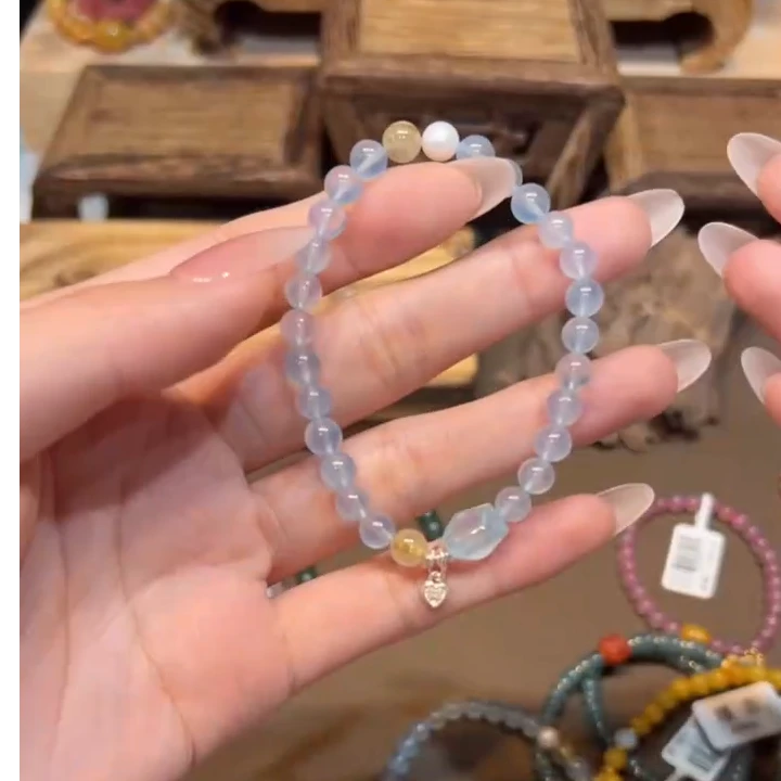 单圈海蓝宝手串搭配爱心小锁手链B1183多样性发一