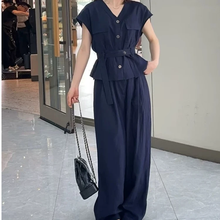 LS23夏季气质V领单排扣飞飞袖亚麻系列衬衫+直筒阔腿裤两件套女
