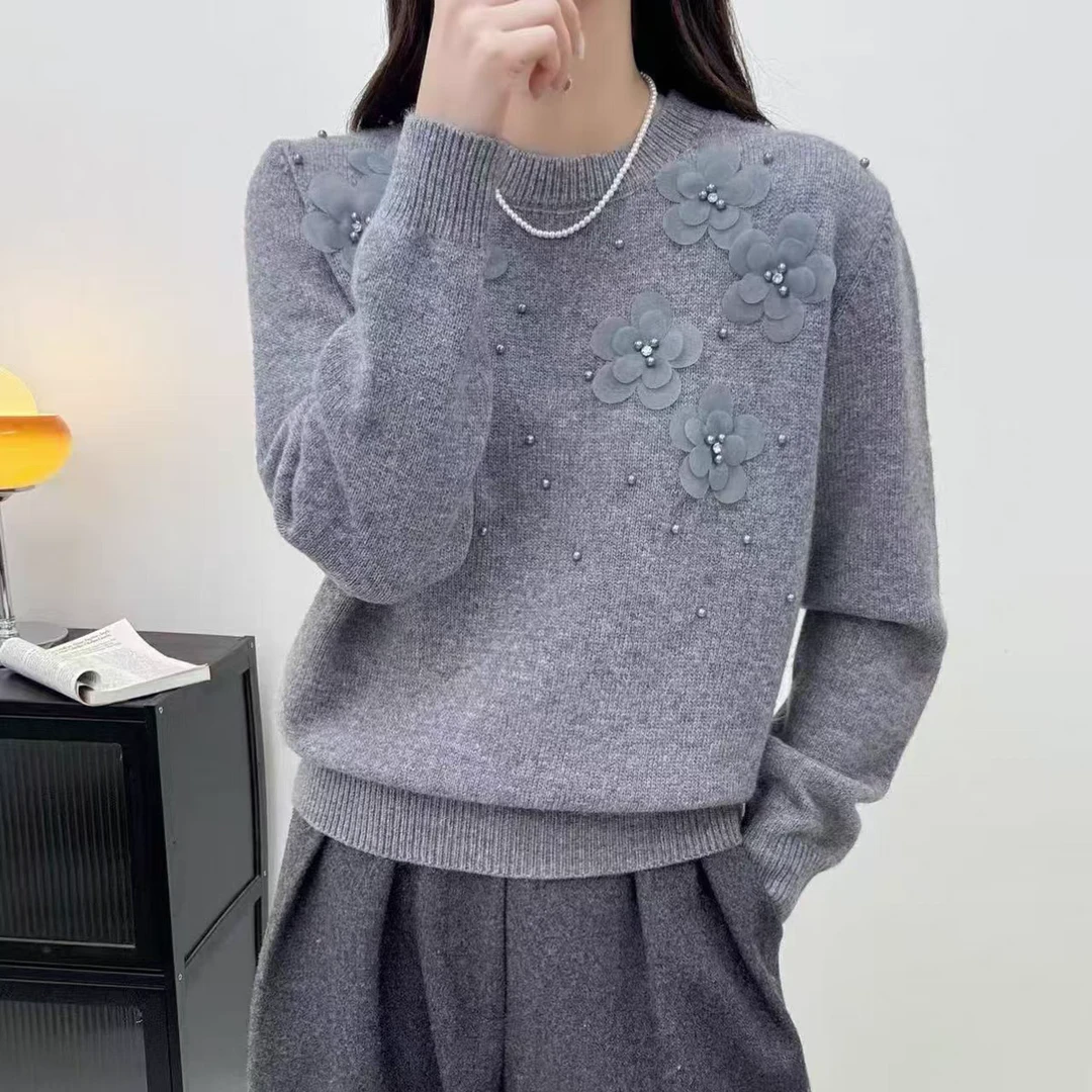 Q2829圆领蕾丝边立体花朵钉珠毛衣内搭时尚甜美羊毛女士打底衫