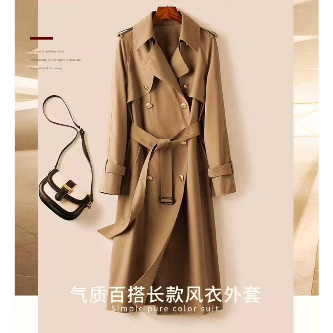 V1371 长款风衣新款高端气质百搭纯色翻领长款风衣外套