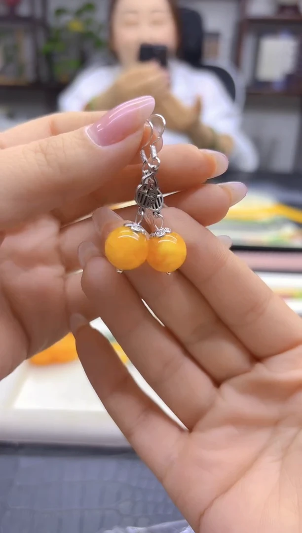 蜜蜡银S925镶嵌耳饰DIY款E898