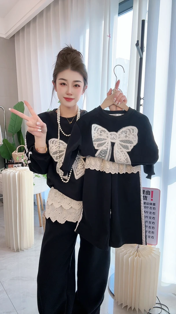 韩系亲子童装2025春款蝴蝶结卫衣卫裤两件套亲子套装潮