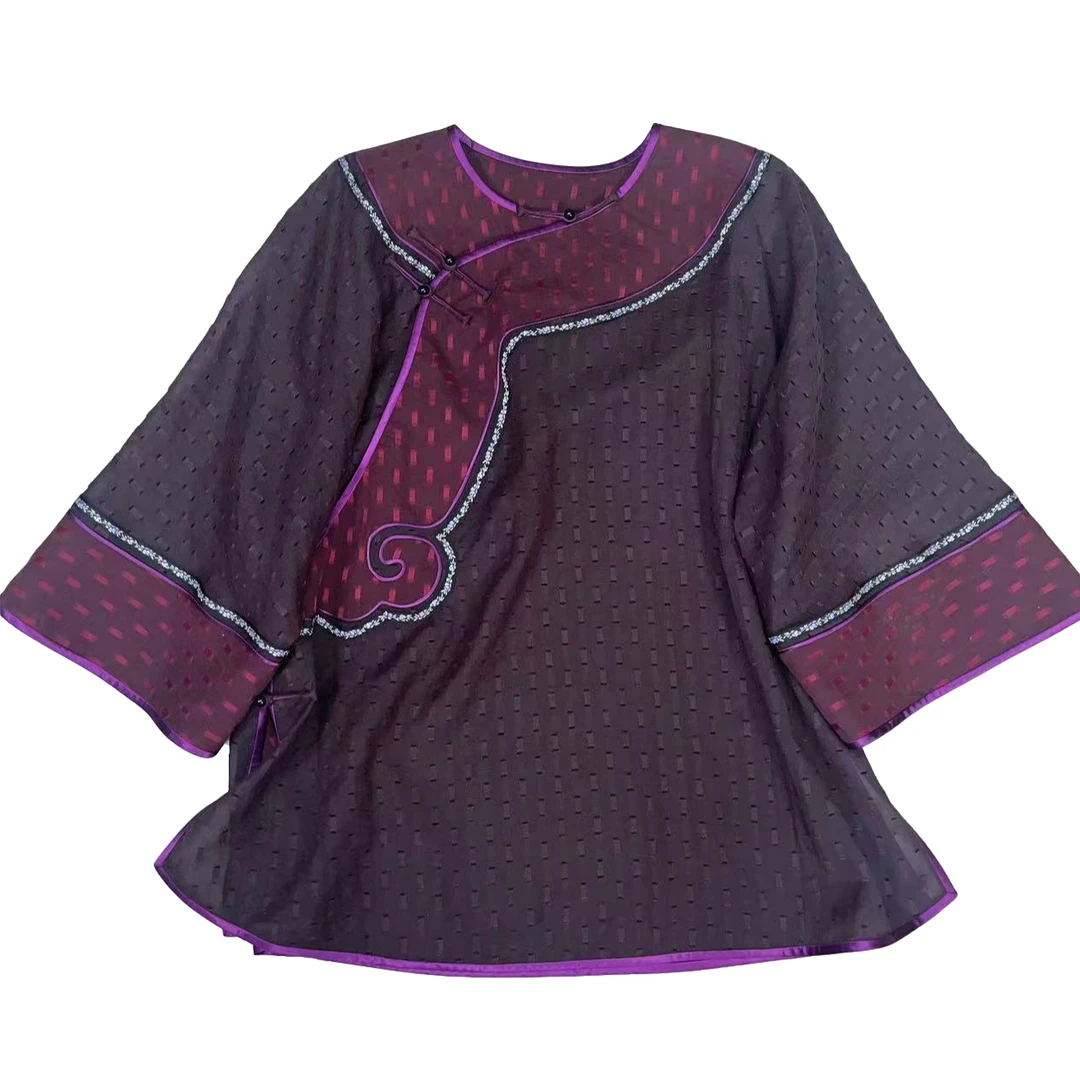 莨衣阁【花锦】剪花古法桑蚕丝太太服国风复古圆领紫色