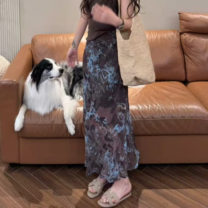 F24 晕染印花高级感高腰松紧带薄款显瘦A字半身长裙 EF2402