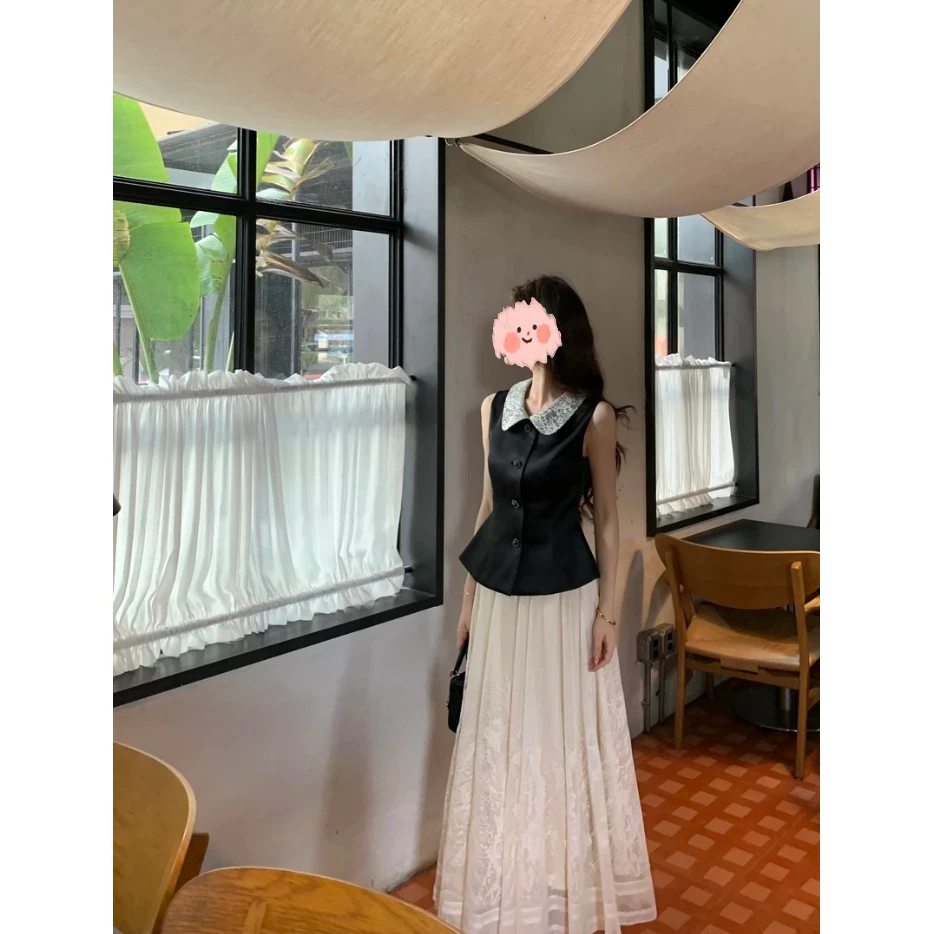 【出水芙蓉】法式高级感小众娃娃领无袖收腰时尚背心百搭网纱半身裙