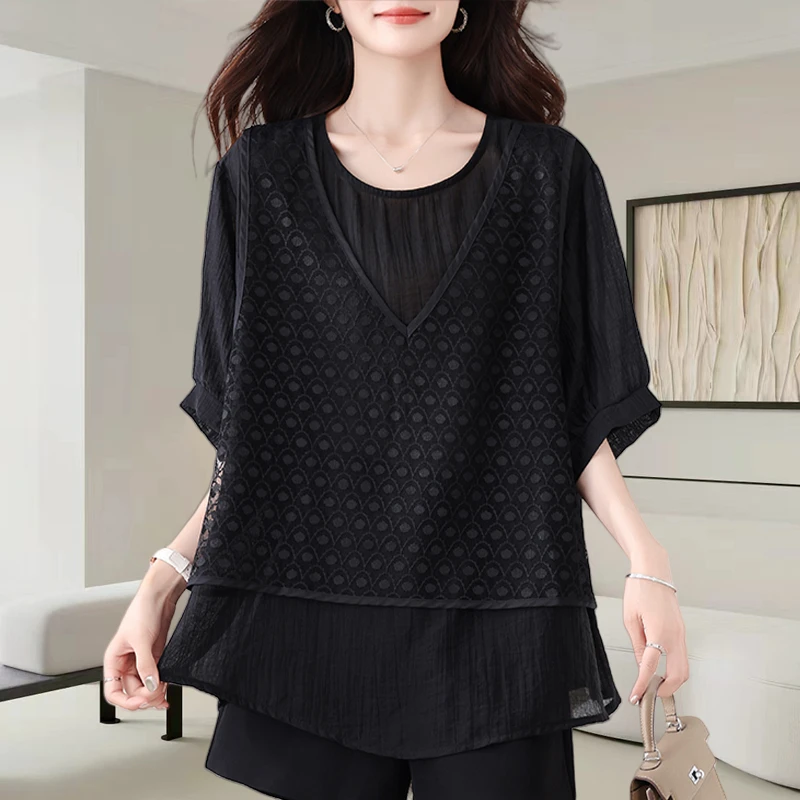 假两件V领短袖衬衫女2025夏季新款时尚宽松显瘦洋气时髦透气上衣