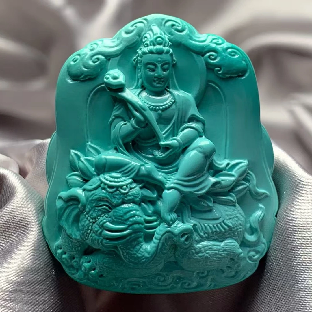 精品绿松石普贤菩萨雕刻挂件，果冻料质无暇，线条流畅，张海利亲工